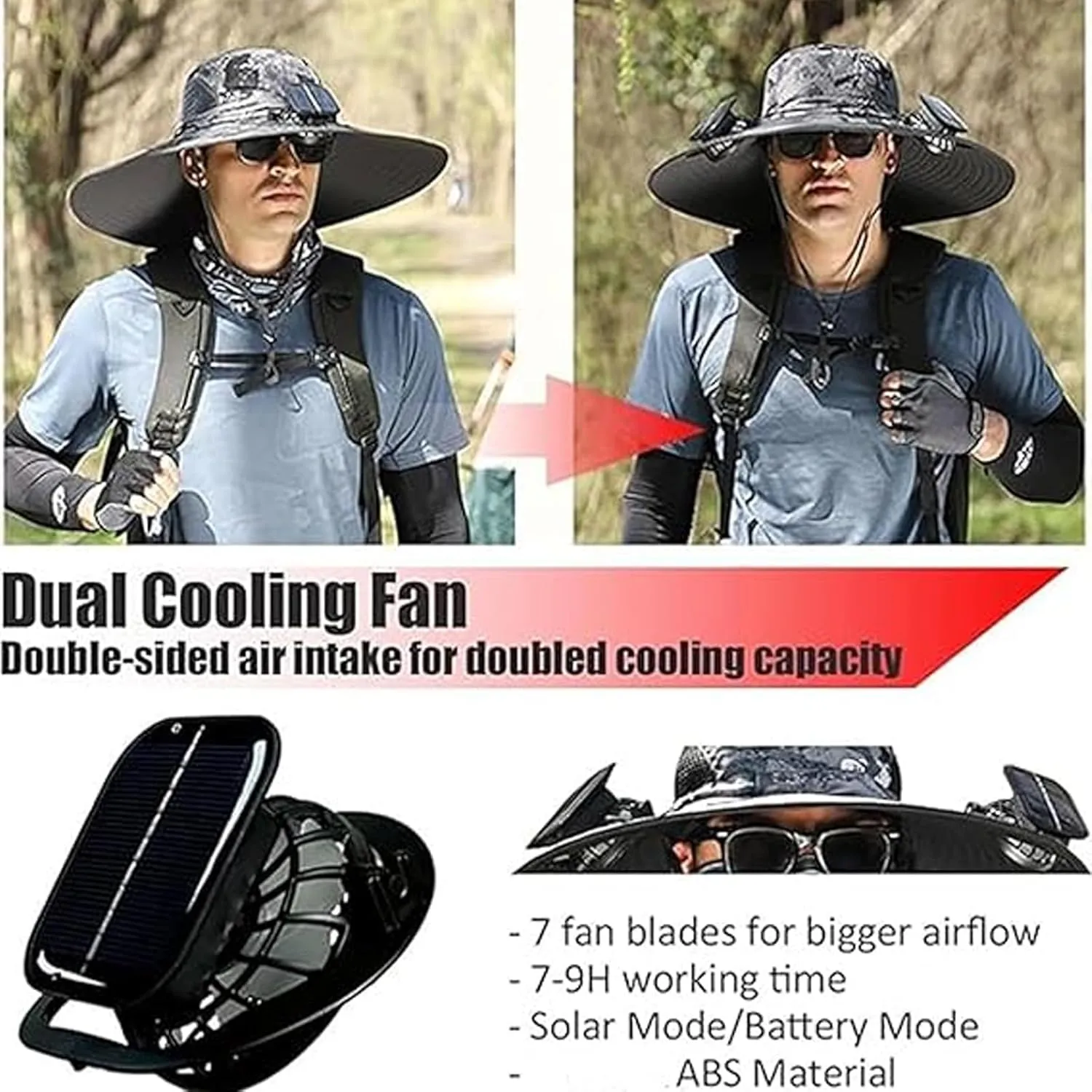 2025 New Ultralight Solar Fan Sun Hat, Wide Brim Solar Fan Hat USB Charging, for Men Fishing Camping UPF 50 