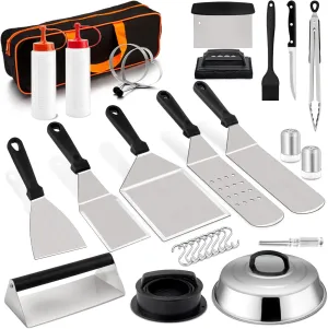 20Pcs Griddle Accessories Kit, HaSteeL Stainless Steel Flat Top Teppanyaki Tools Set for Indoor Outdoor BBQ Camping Cooking, Include Melting Dome, Bacon Press, Metal Spatulas, Scrapers, Easy to Clean