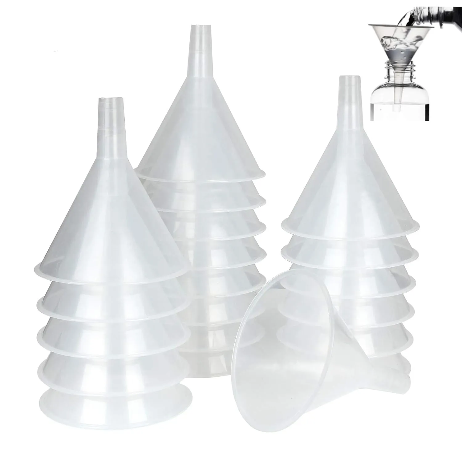 20Pcs Plastic Funnels Set, 4.7 Inch Wide Mouth Clear Plastic Funnels for Filling Water Bottles, Multipurpose Large Funnel with Long Reaching Spout for Liquid, Spices, Powder, Lotion, Oils, Perfume