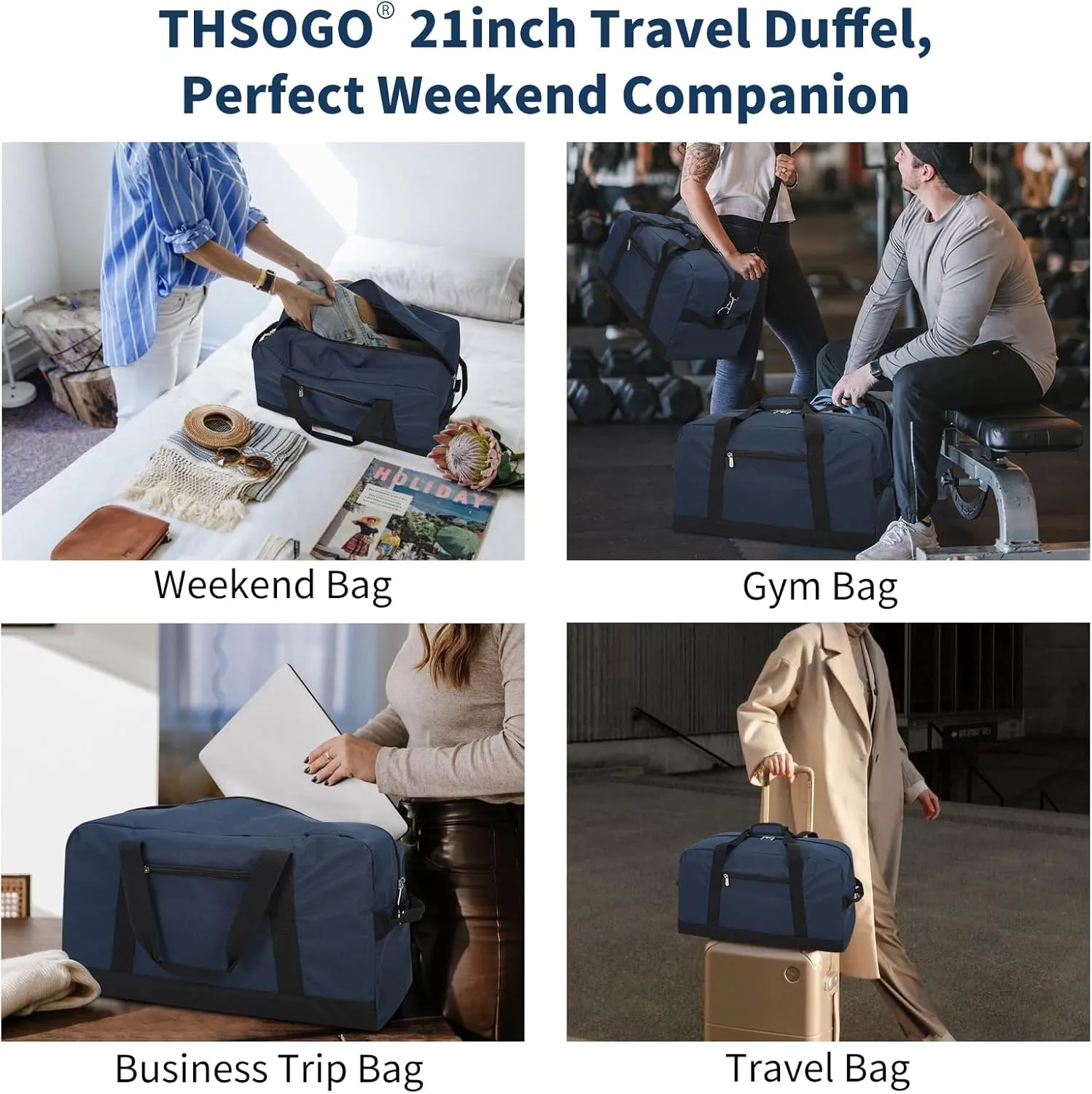 21 inch Gym Bag for Men - 40L Travel Duffel Bag Sport Duffle Bags for Weekend Overnight with Bottom Support (Navy Blue)