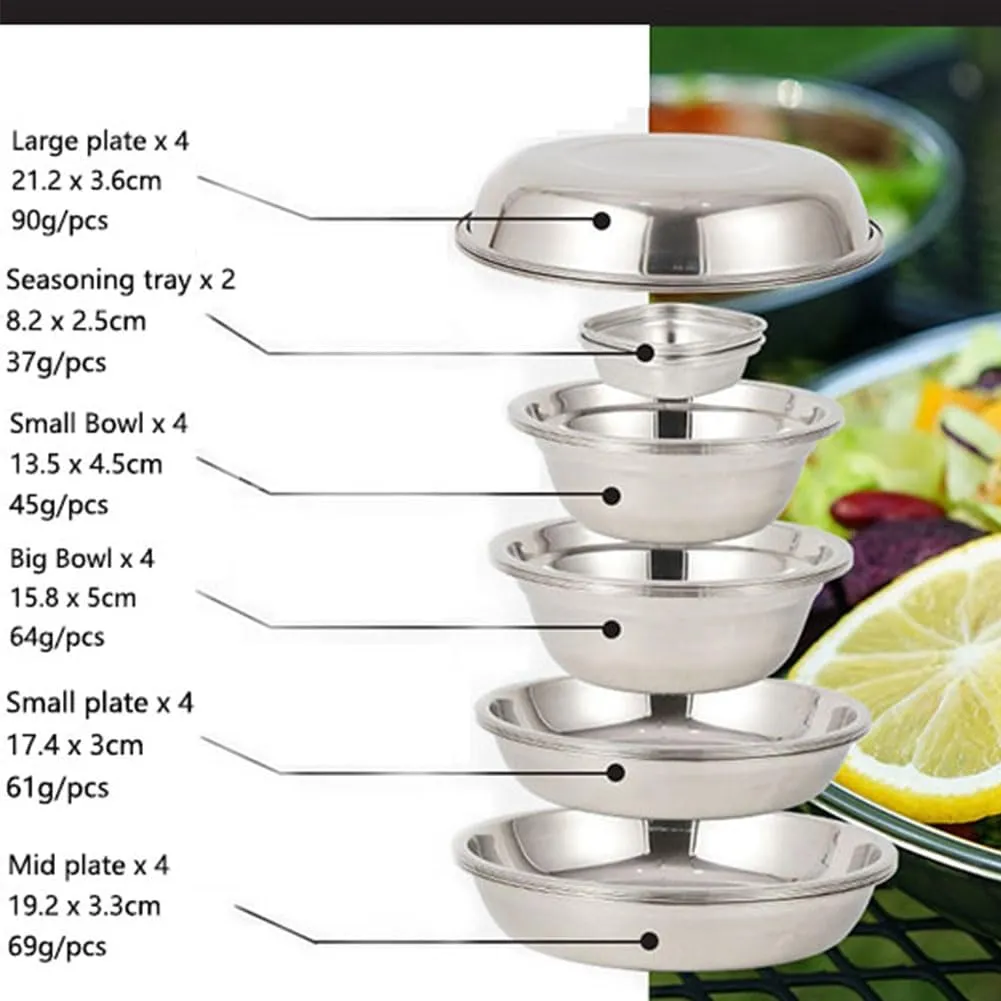 22PCS Service Plate Set with Travel Bag, Stainless Steel Plates and Bowls Camping Set for Outdoor Camping Hiking Picnic BBQ Beach
