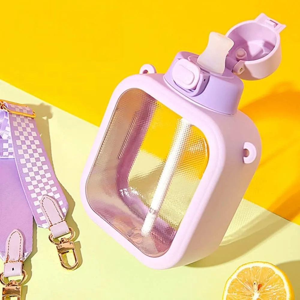24 Oz Square Transparent Water Bottle, Cute Portable Travel Canteen with Adjustable Strap 700ml (Purple)
