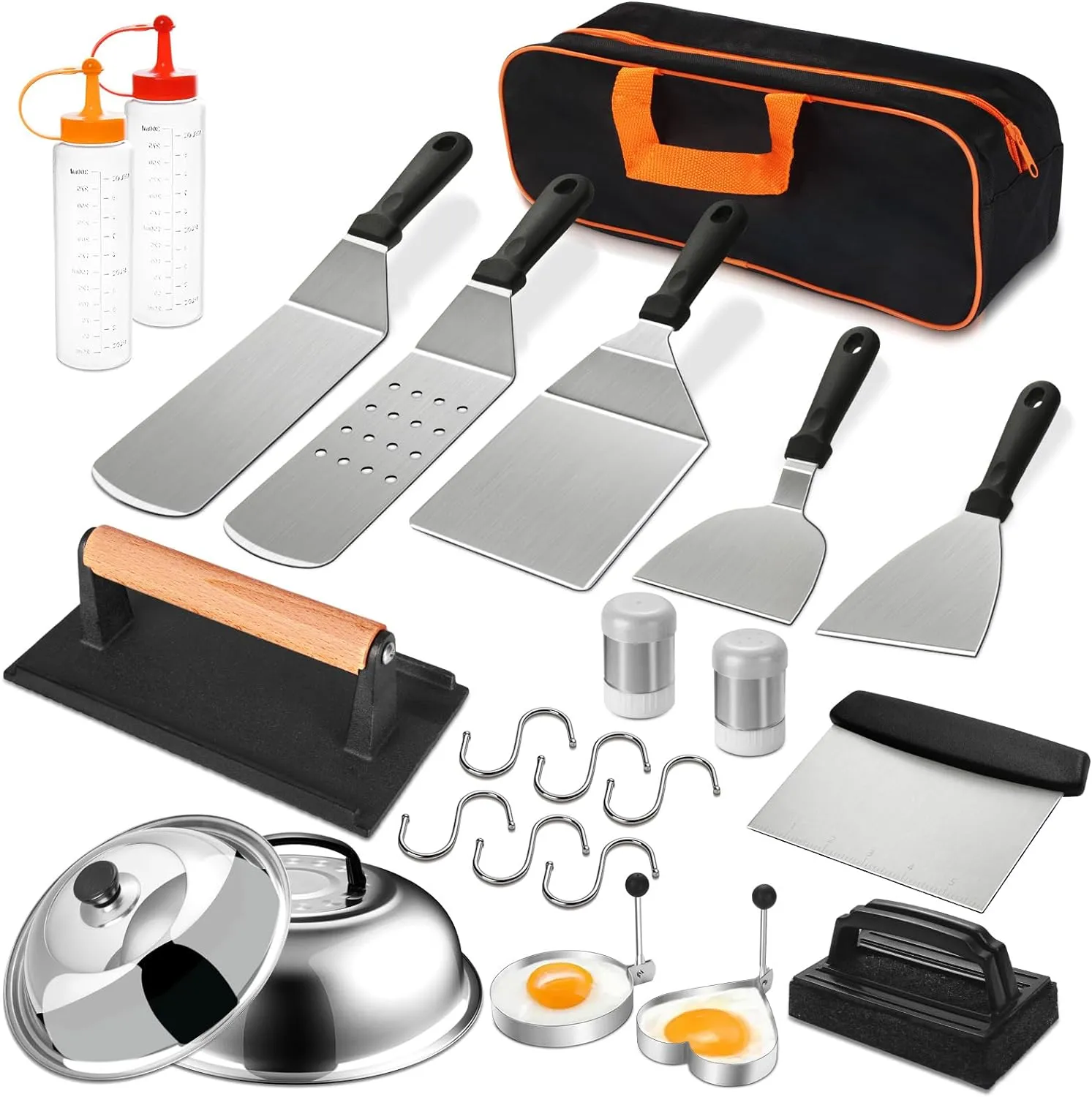 24Pcs Griddle Accessories Set, Stainless Steel Flat Top Grill Spatula Kit for Outdoor Barbecue Camping Cooking, Included Basting Cover, Scraper, Cast Iron Grill Press, Carrying Bag