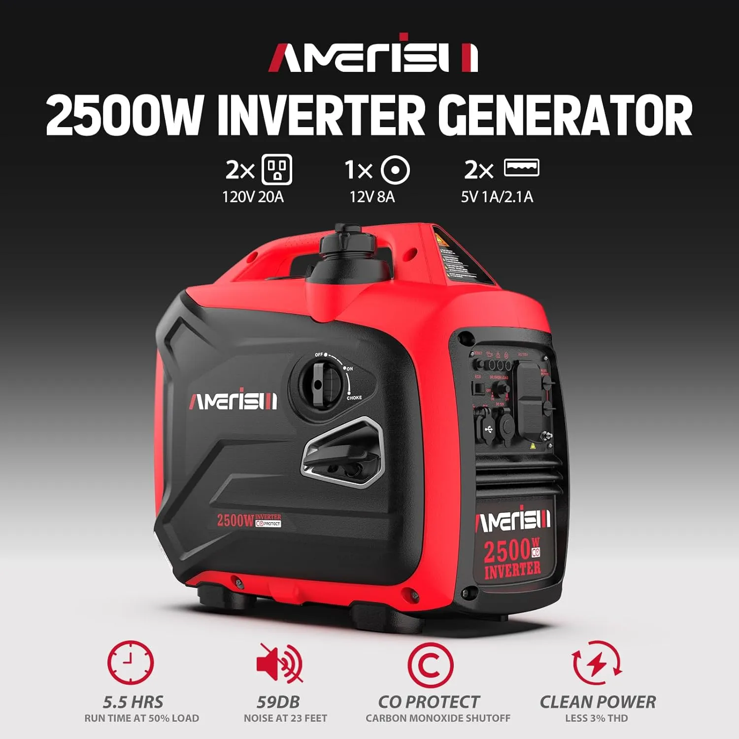 2500 Watt Portable Inverter Generator with CO Sensor and Quiet Technology for Camping, Tailgating