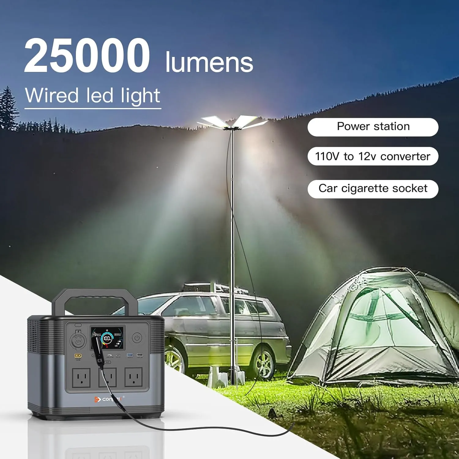 25000lm Led Camping Lights, Camping Telescoping Led, Portable Waterproof Camping Light for Fishing/ Backyard BBQ/Camping/ Construction Mechanics/ Jobsite(110W 12V)