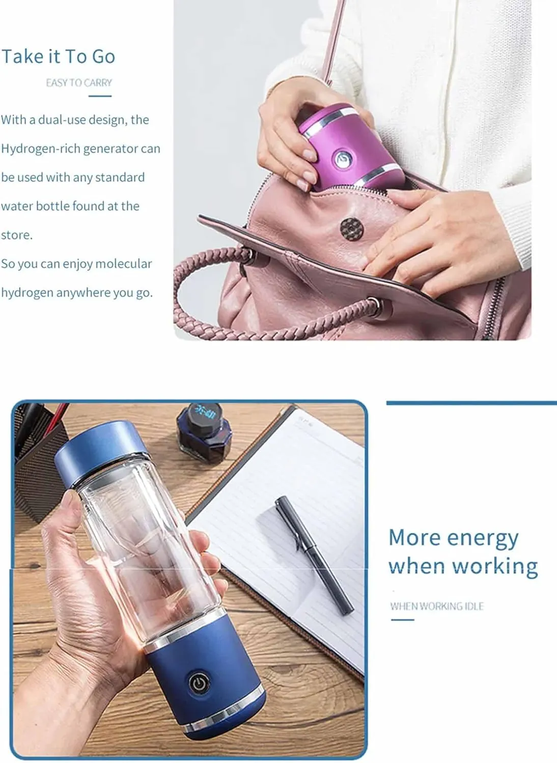 300ML 2000ppb Hydrogen Water Generator Bottle, Antioxidants Hydrogen Bottle, Portable Ion Hydrogen Generator, Rechargeable, for Home Travel Office