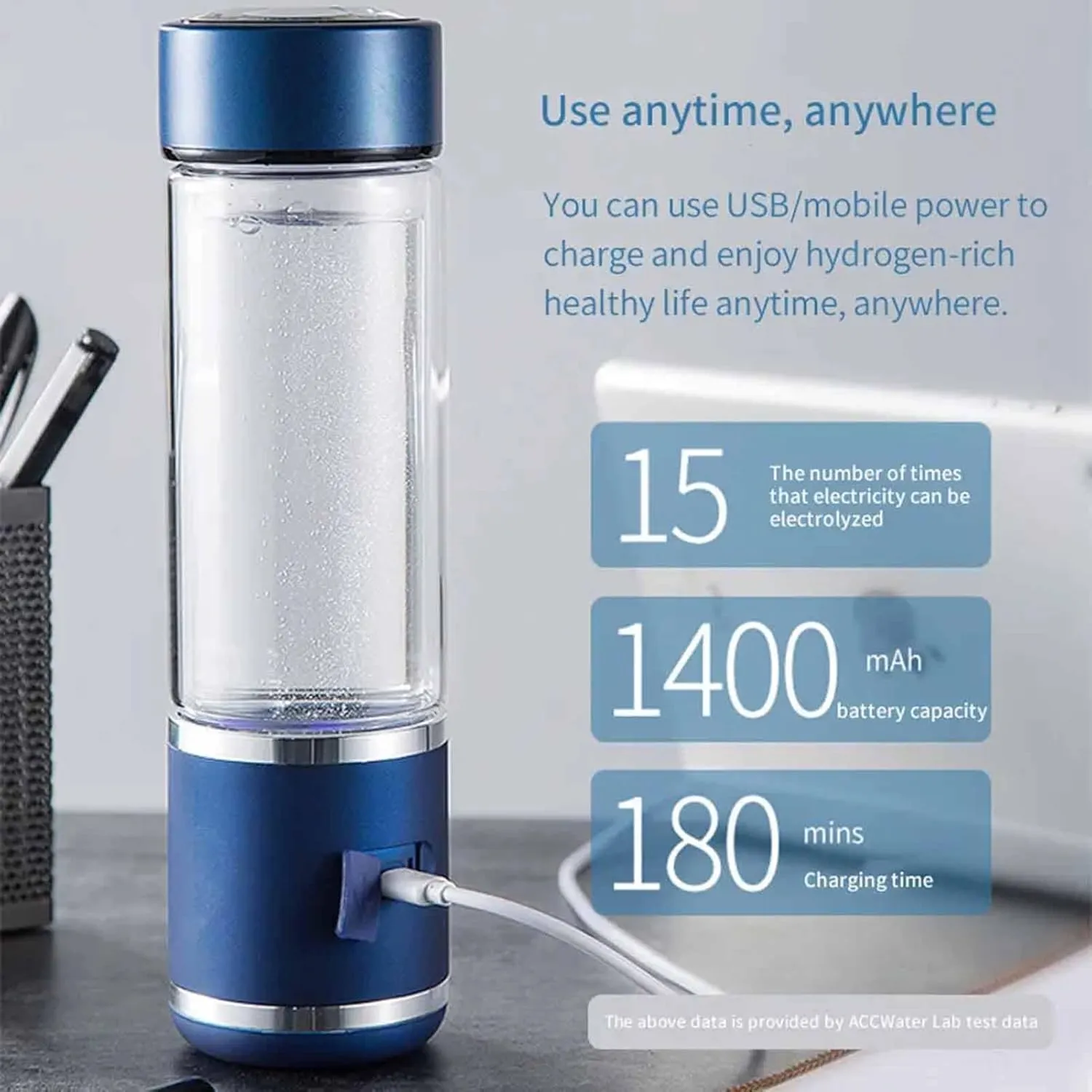300ML 2000ppb Hydrogen Water Generator Bottle, Antioxidants Hydrogen Bottle, Portable Ion Hydrogen Generator, Rechargeable, for Home Travel Office