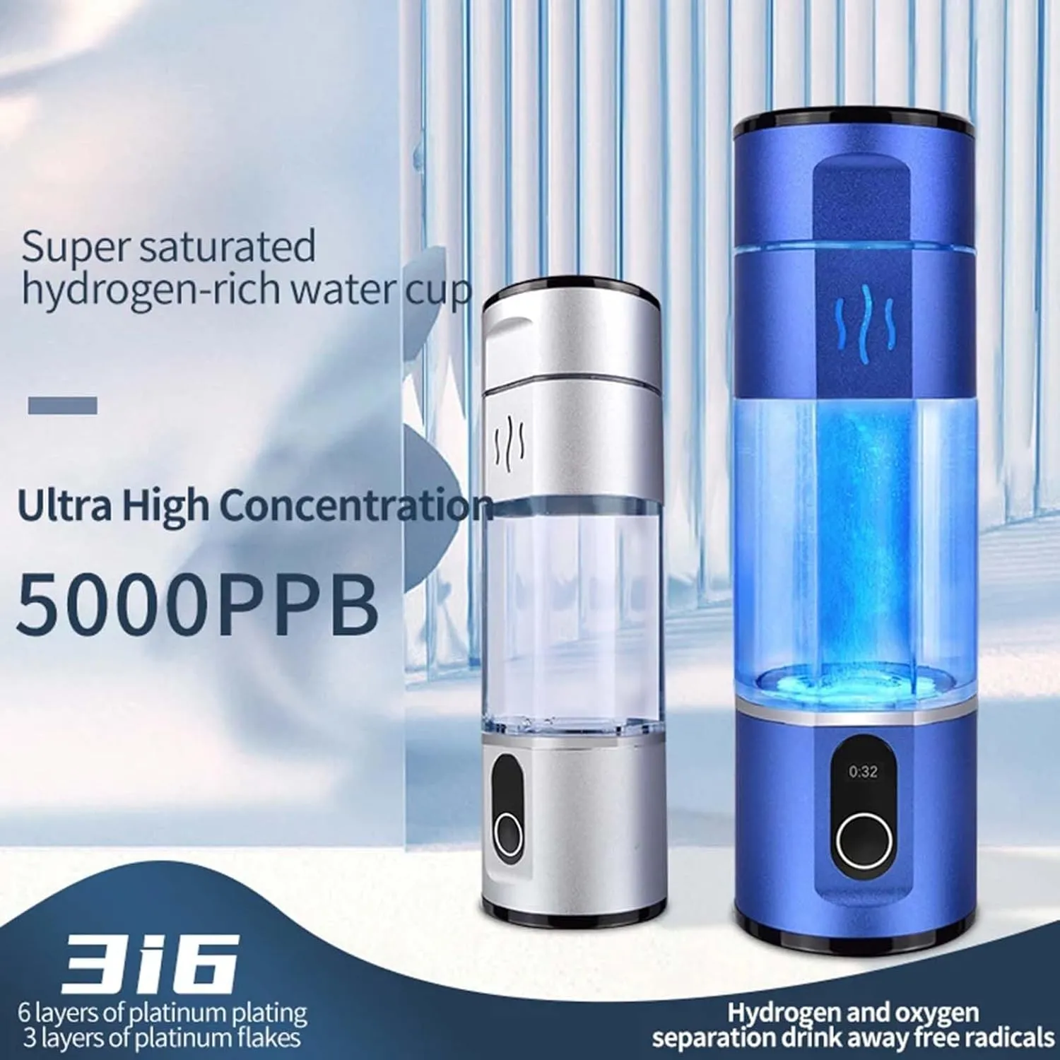 300ML Electric Water Filter Hydrogen Rich Water Cup, 5000PPB High Concentration Molecular Hydrogen Water Bottle, Portable Alkaline Hydrogen Water Generator