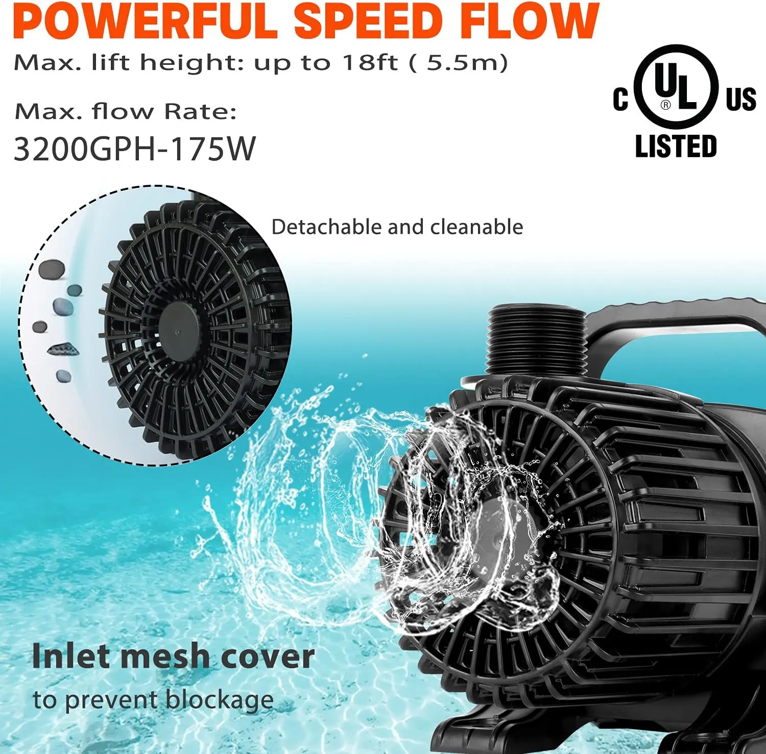 (3200GPH-175W,UL listed) High Flow Large Fountain Submersible Water Pond Sump Pump Aquarium Electric Waterfall Pump Outdoor PS-3200