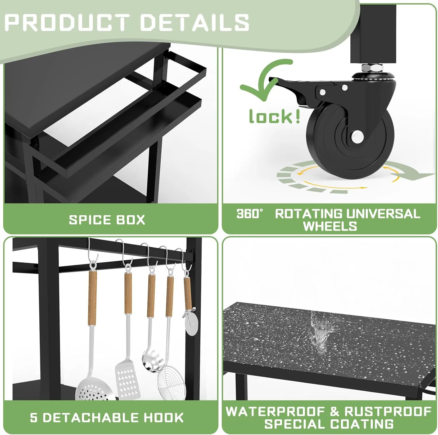 32"x 20" Outdoor Grill Table, Movable Grill Cart, Outdoor Kitchen Island Prep Stand Station, Pizza Oven Table, Grill Stand Fits Griddle 17" 22", Rolling Bar Cart with 5 Utensil Hooks