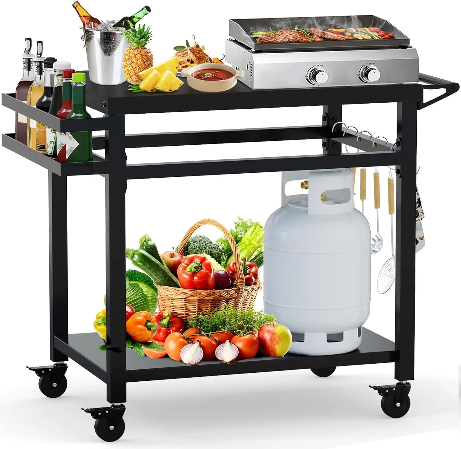 32"x 20" Outdoor Grill Table, Movable Grill Cart, Outdoor Kitchen Island Prep Stand Station, Pizza Oven Table, Grill Stand Fits Griddle 17" 22", Rolling Bar Cart with 5 Utensil Hooks
