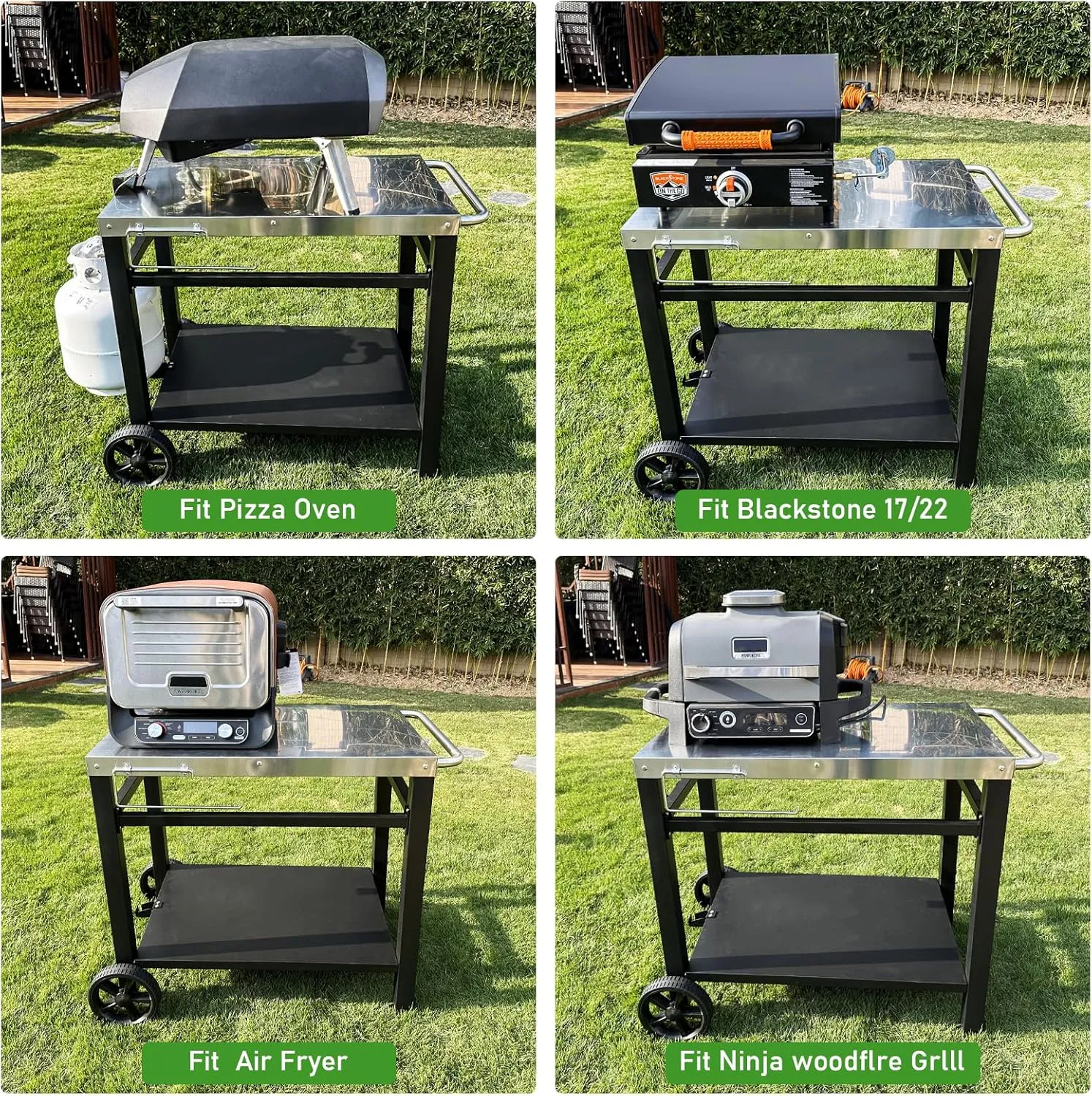 34x21IN Outdoor Grill Table, Grill Stand Cart for Ninja Woodfire & Blackstone Griddle, Pizza Oven Table for Outside, Extra-wide Stainless Steel Cart with Wheels for Kitchen Food Prep Table