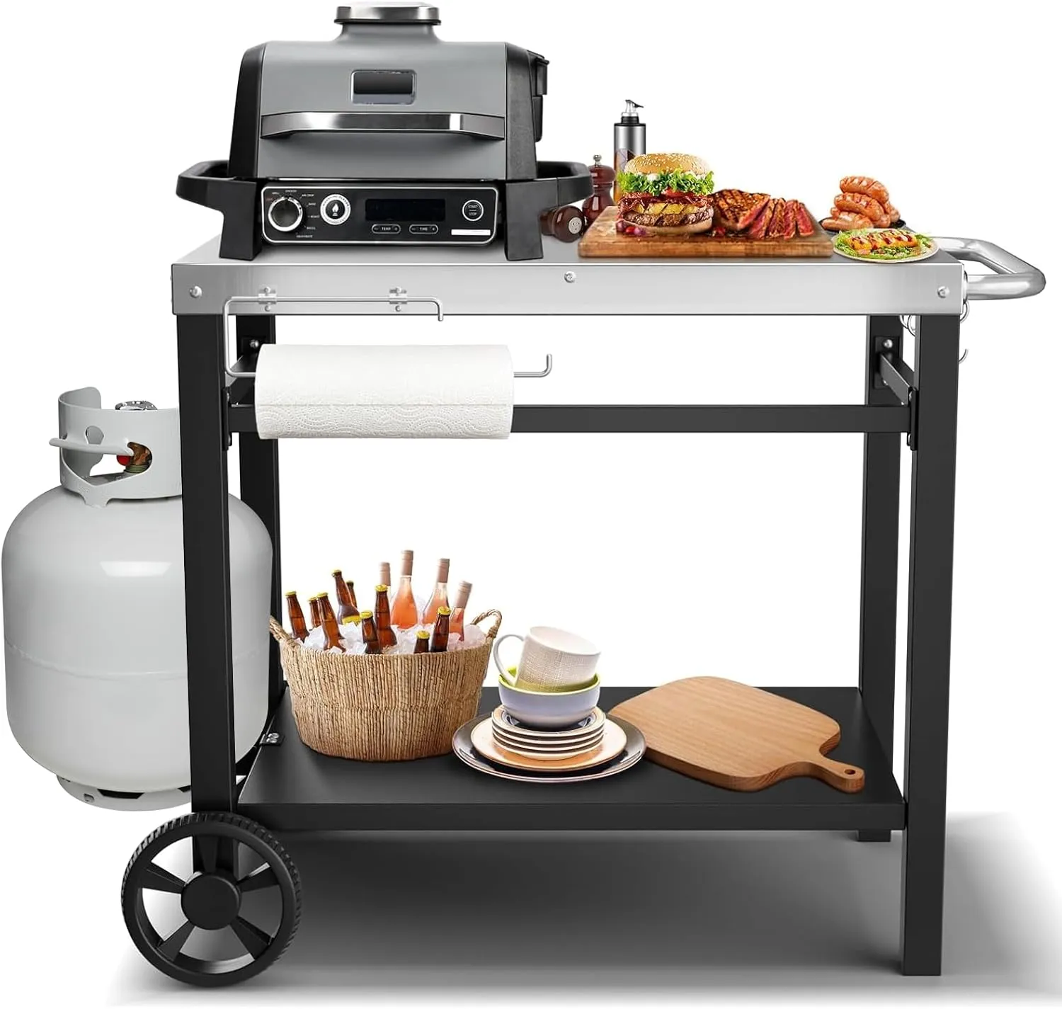 34x21IN Outdoor Grill Table, Grill Stand Cart for Ninja Woodfire & Blackstone Griddle, Pizza Oven Table for Outside, Extra-wide Stainless Steel Cart with Wheels for Kitchen Food Prep Table
