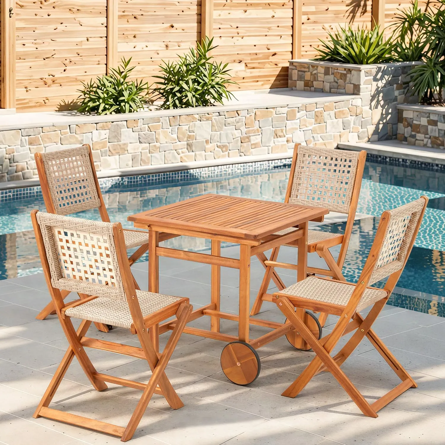 5 Piece Outdoor Patio Dining Set, Acacia Wood Outdoor Table and Chairs with Wheels, Farmhouse Style Portable Dining Set for Backyard, Deck & Poolside