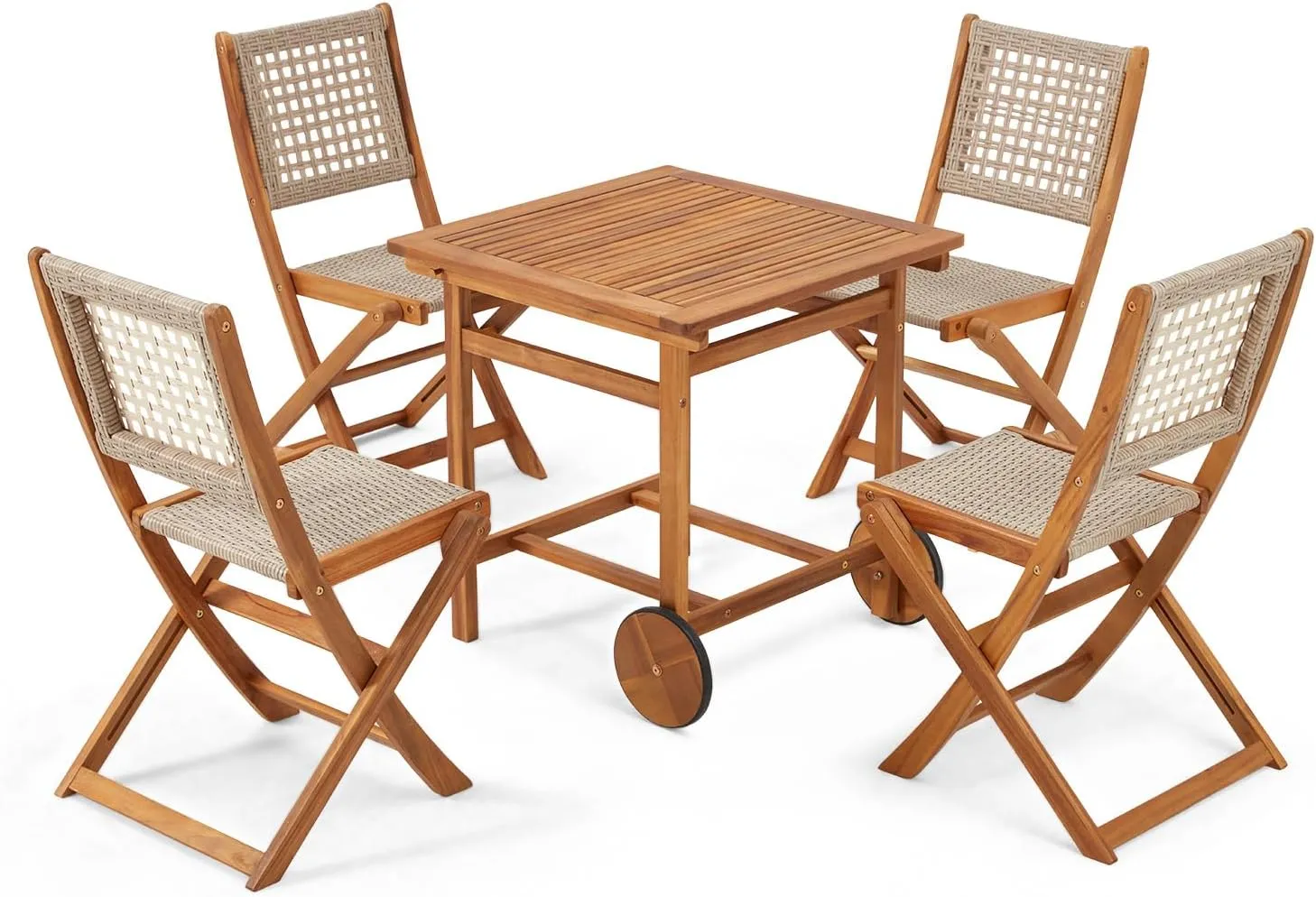 5 Piece Outdoor Patio Dining Set, Acacia Wood Outdoor Table and Chairs with Wheels, Farmhouse Style Portable Dining Set for Backyard, Deck & Poolside
