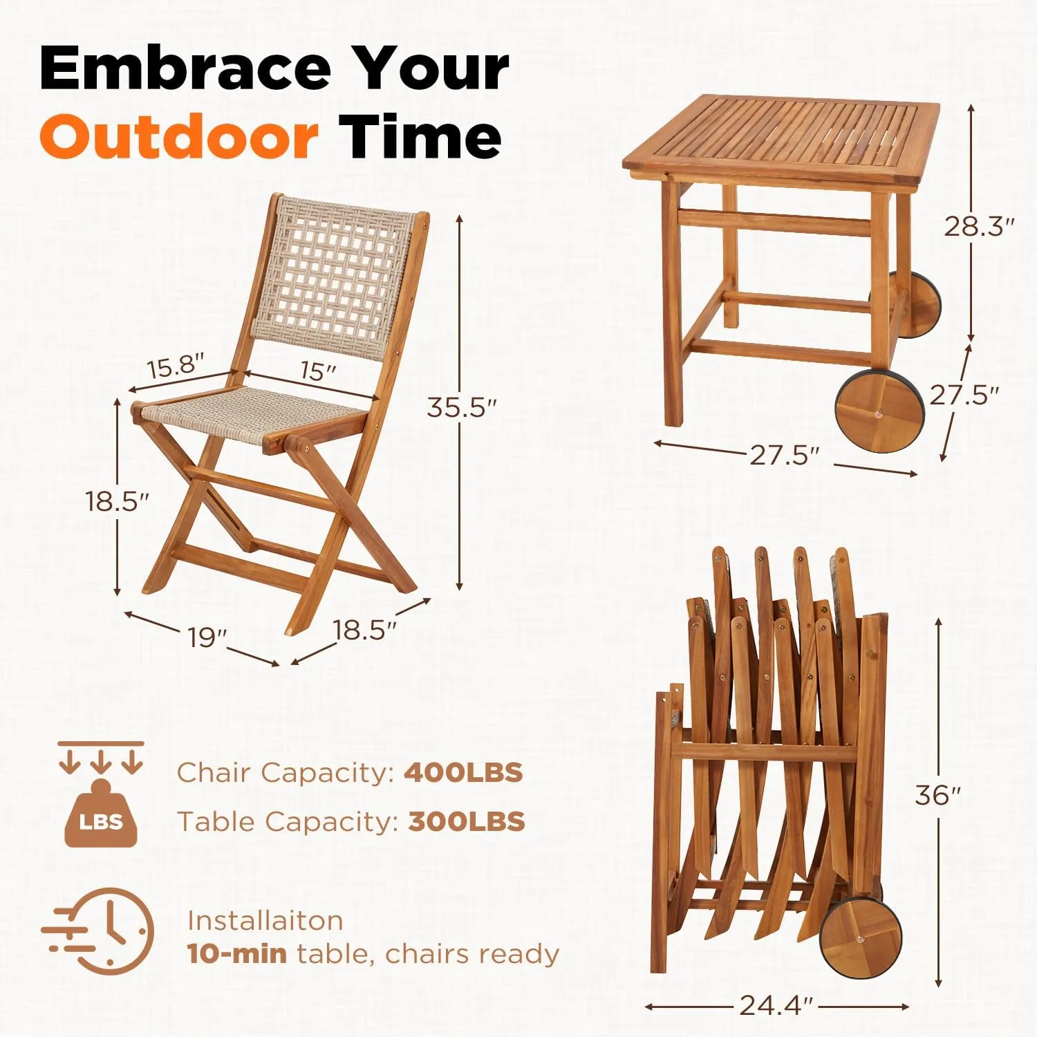 5 Piece Outdoor Patio Dining Set, Acacia Wood Outdoor Table and Chairs with Wheels, Farmhouse Style Portable Dining Set for Backyard, Deck & Poolside