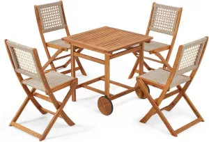 5 Piece Outdoor Patio Dining Set, Acacia Wood Outdoor Table and Chairs with Wheels, Farmhouse Style Portable Dining Set for Backyard, Deck & Poolside