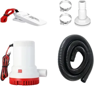 6 Pcs Bilge Pump Kit 1500gph Electric 12v Boat Bilge Water Pump, 6.5 FT Bilge Pump Hose, with Float Switch, 2 Stainless Steel Clamps and Thru-Hull Fitting