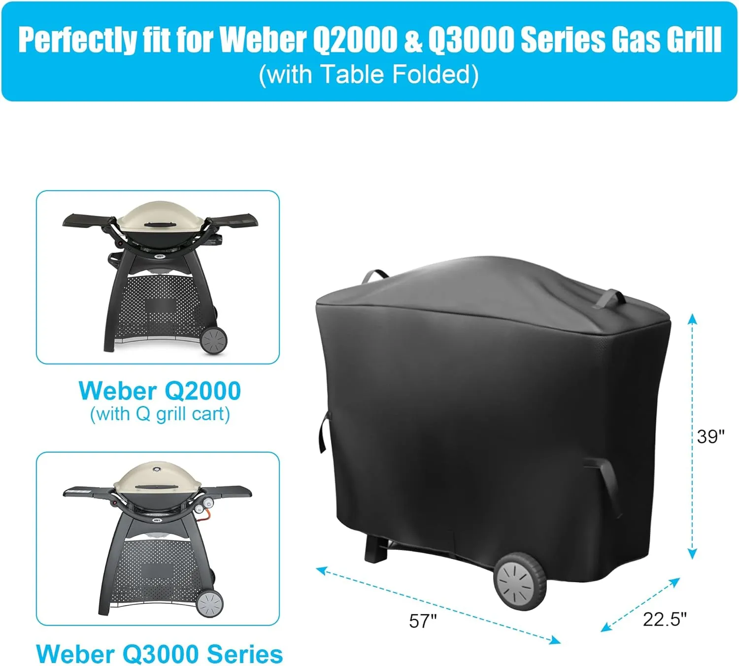 7112 Grill Cover for Weber Q Grill on Cart Q2000, Q2200, Q2400, Q300, Q320, Q3000, Q3200 Series Gas Grills,Portable BBQ Grill Cover with Reflective Straps and Handle,600D