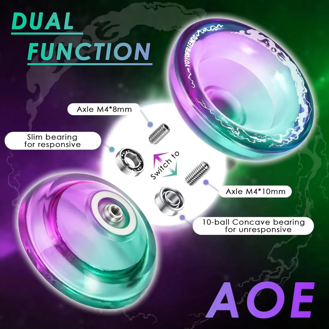 7YO AOE Responsive Yoyo for Kids & Adults Pro, Professional Yoyo Dual Function with Finger Spin Holes, Plastic Trick Yo-yo with Bag, 10 Yoyo Strings, Unresponsive Bearing Kit