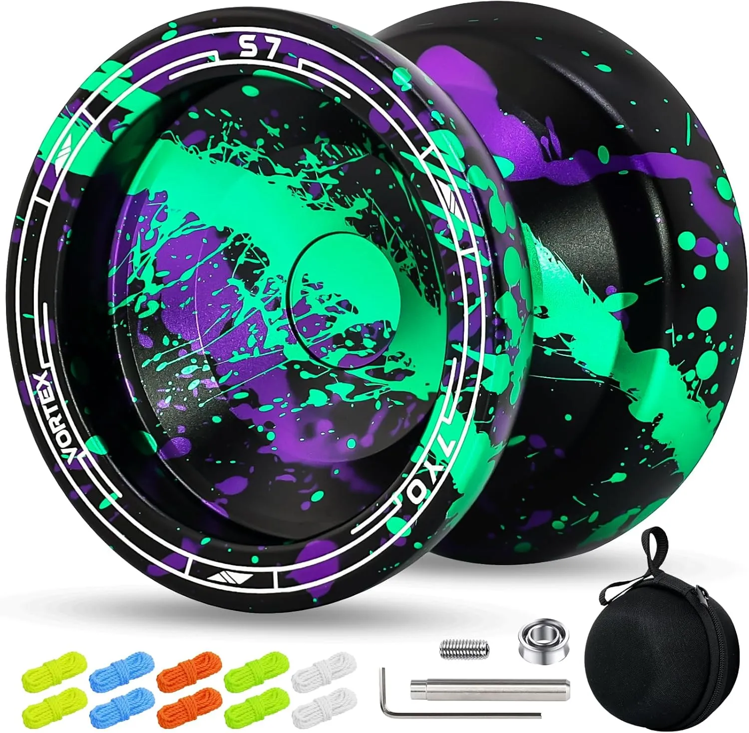 7YO S7 Responsive Yoyo for Kids 8-12 /Dual Purpose Professional Yoyo for All Skill Levels, Trick Yo yo with10 Yo-yo Strings, Bearing Kit, Case Bag (Black Green Purple)