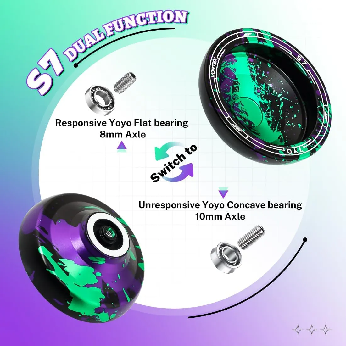 7YO S7 Responsive Yoyo for Kids 8-12 /Dual Purpose Professional Yoyo for All Skill Levels, Trick Yo yo with10 Yo-yo Strings, Bearing Kit, Case Bag (Black Green Purple)