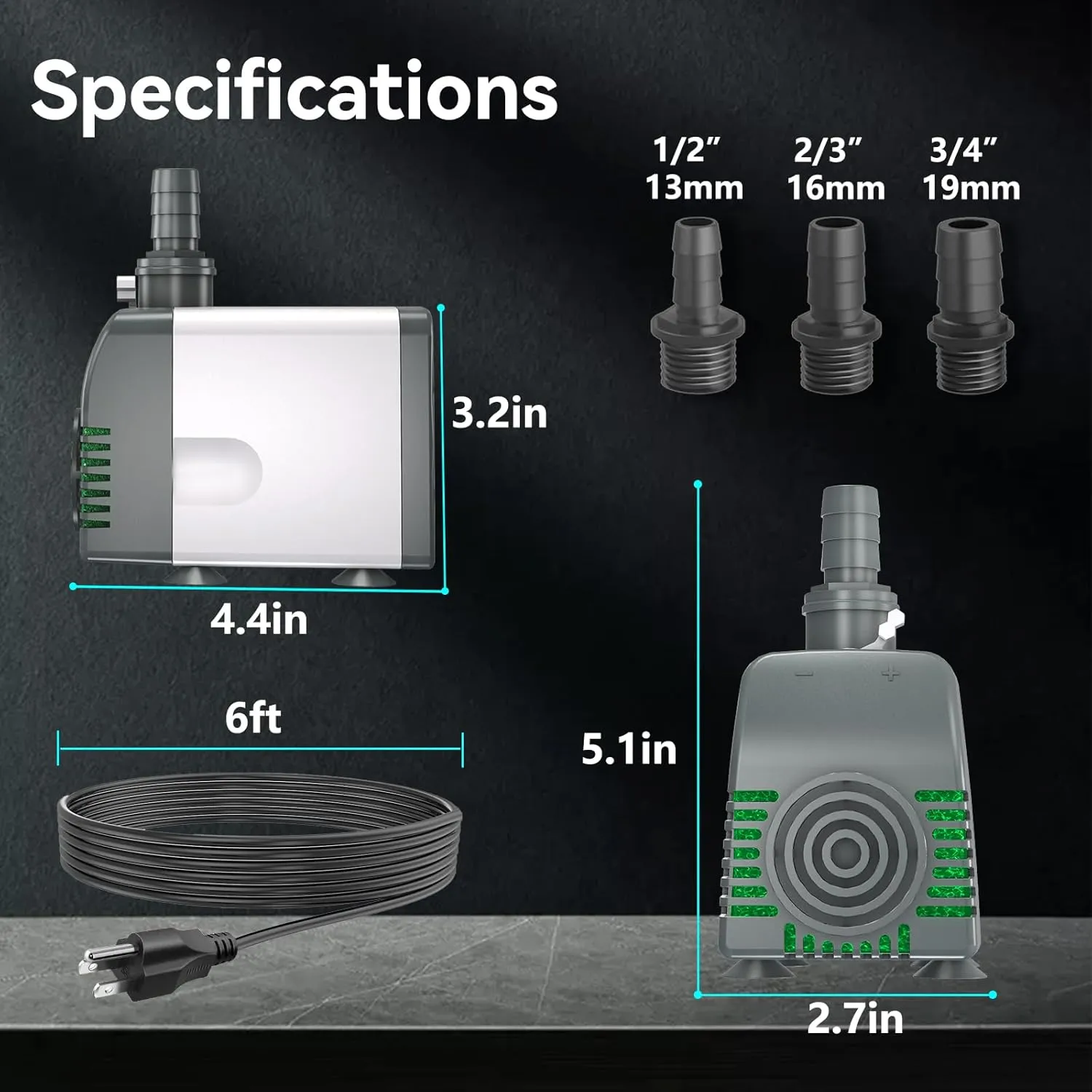 880GPH Submersible Water Pump, Pond Pumps with dry run protection Adjustable Flow Rate Desin 6.5ft High Lift for Fountains, Hydroponics, Ponds, Aquariums & More