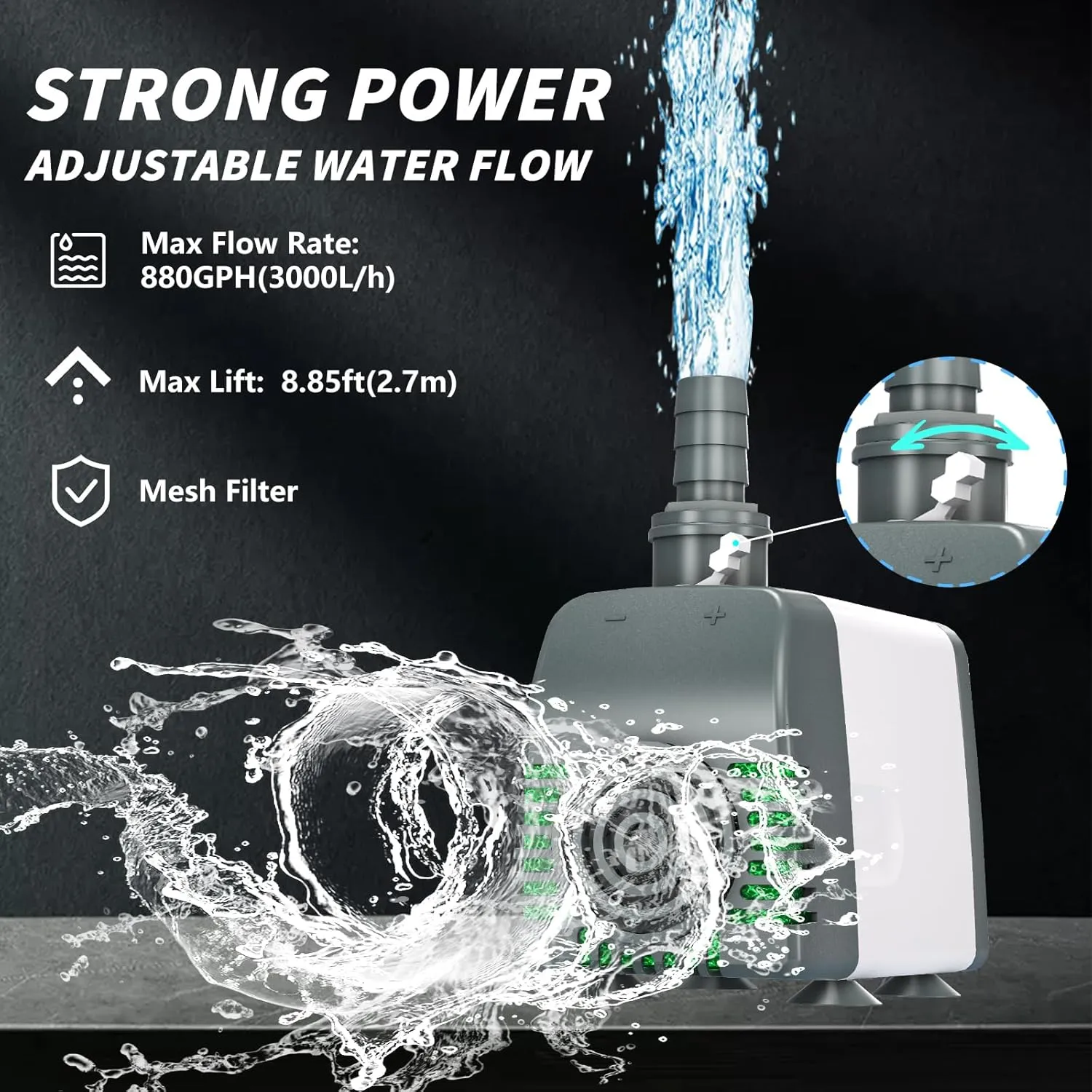 880GPH Submersible Water Pump, Pond Pumps with dry run protection Adjustable Flow Rate Desin 6.5ft High Lift for Fountains, Hydroponics, Ponds, Aquariums & More