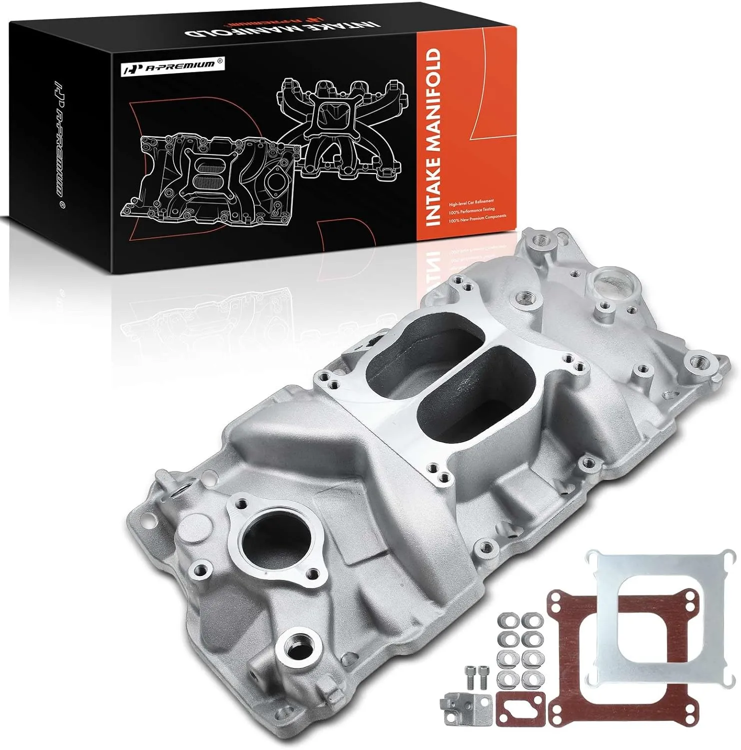 A-Premium Aluminum Dual Plane Intake Manifold W/Gaskets Compatible with 1955-1995 Chevy SBC V8 Engines 262 & 265 4.3L, 267 4.4L, 283 4.6L, 302 4.9L, 305 & 307 5.0L, 327 5.3L & 5.4L, 350 5.7L, 400 6.6L