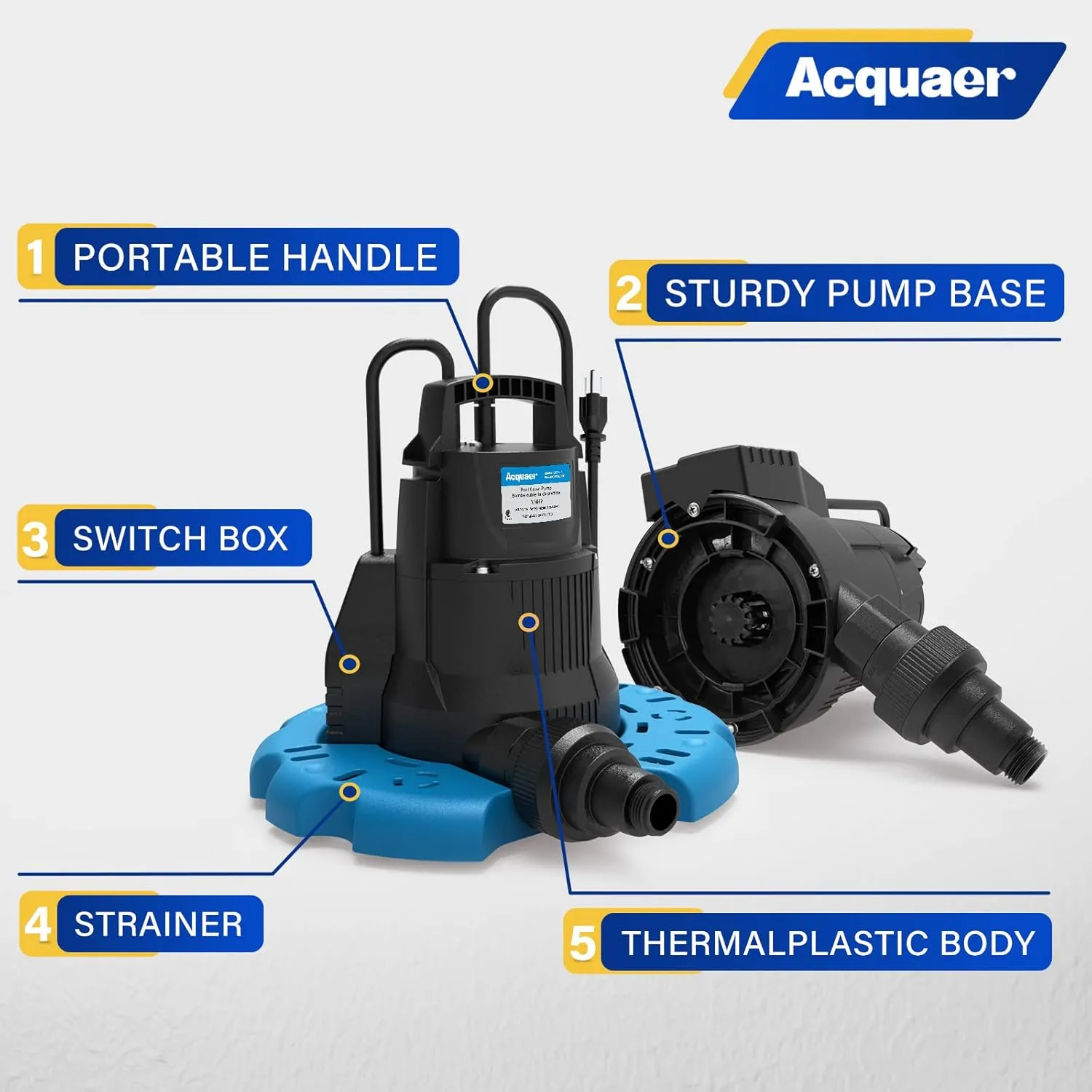 Acquaer 1/4 HP Automatic Swimming Pool Cover Pump, 115 V Submersible Sump Pump with 3/4” Check Valve Adapter & 25ft Power Cord, 2250 GPH Water Removal for Pool, Hot Tubs, Rooftops, Water Beds and more