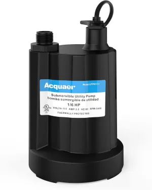 Acquaer Submersible Water Pump 1/6 HP Sump Pump Thermoplastic Utility Pump Small Electric Water Pump 1750 GPH Water Remove for Basement Hot Tubs Garden Pool Cover Draining with 10 ft Cord