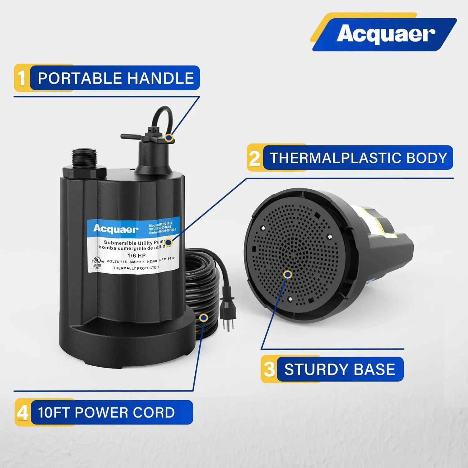 Acquaer Submersible Water Pump 1/6 HP Sump Pump Thermoplastic Utility Pump Small Electric Water Pump 1750 GPH Water Remove for Basement Hot Tubs Garden Pool Cover Draining with 10 ft Cord