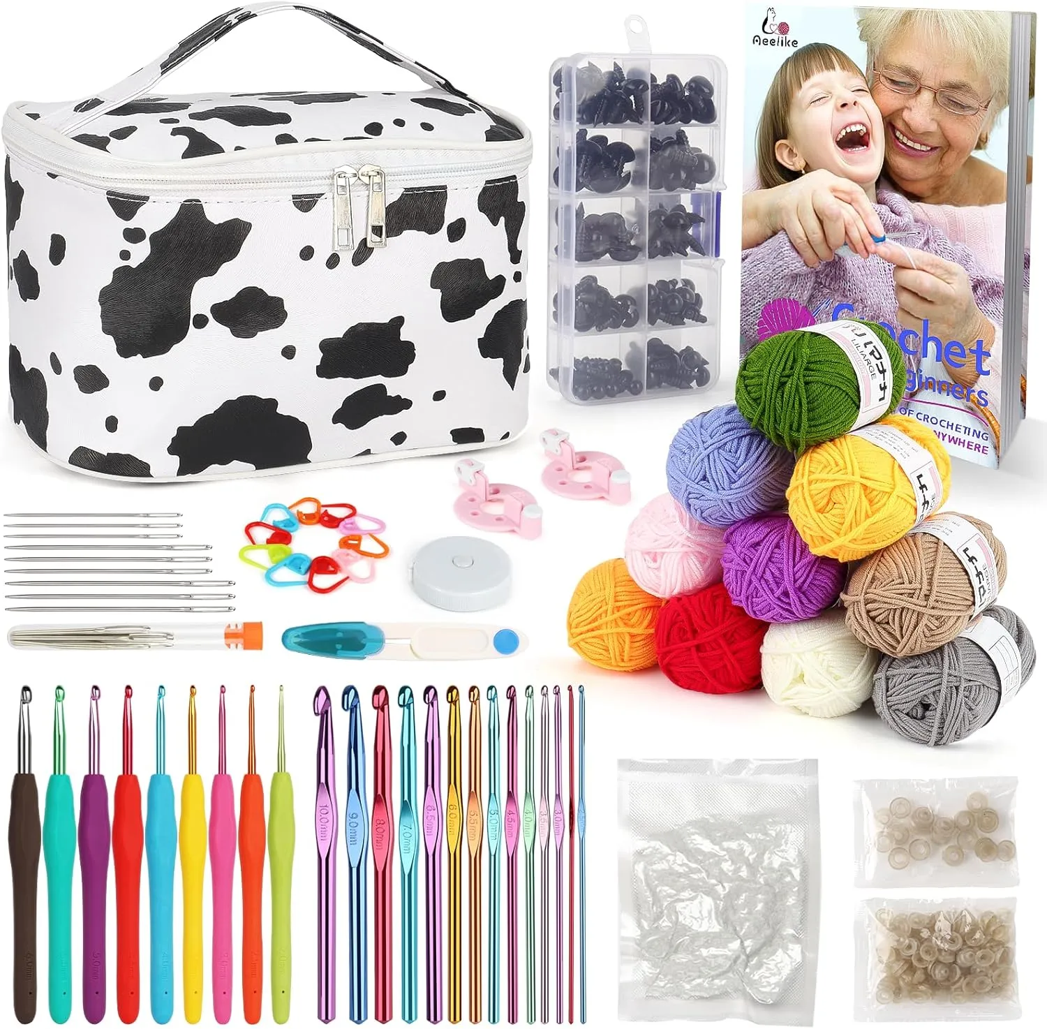 Aeelike 321Pcs Crochet Kit for Beginners, Learn to Crochet Set Include Crochet Hooks,Yarn, Safety Eyes and Noses Polyester Fiber,Crochet Tools and Instruction with Cow PU Leather Storage Bag