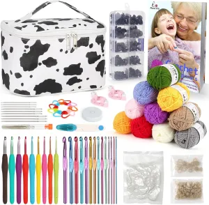 Aeelike 321Pcs Crochet Kit for Beginners, Learn to Crochet Set Include Crochet Hooks,Yarn, Safety Eyes and Noses Polyester Fiber,Crochet Tools and Instruction with Cow PU Leather Storage Bag