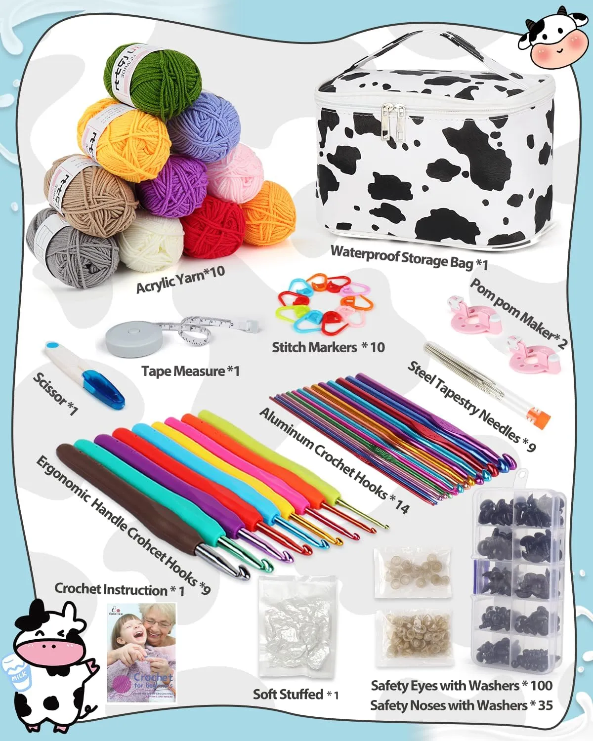 Aeelike 321Pcs Crochet Kit for Beginners, Learn to Crochet Set Include Crochet Hooks,Yarn, Safety Eyes and Noses Polyester Fiber,Crochet Tools and Instruction with Cow PU Leather Storage Bag