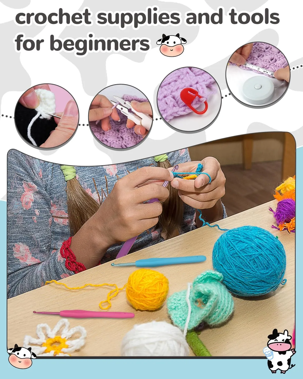 Aeelike 321Pcs Crochet Kit for Beginners, Learn to Crochet Set Include Crochet Hooks,Yarn, Safety Eyes and Noses Polyester Fiber,Crochet Tools and Instruction with Cow PU Leather Storage Bag
