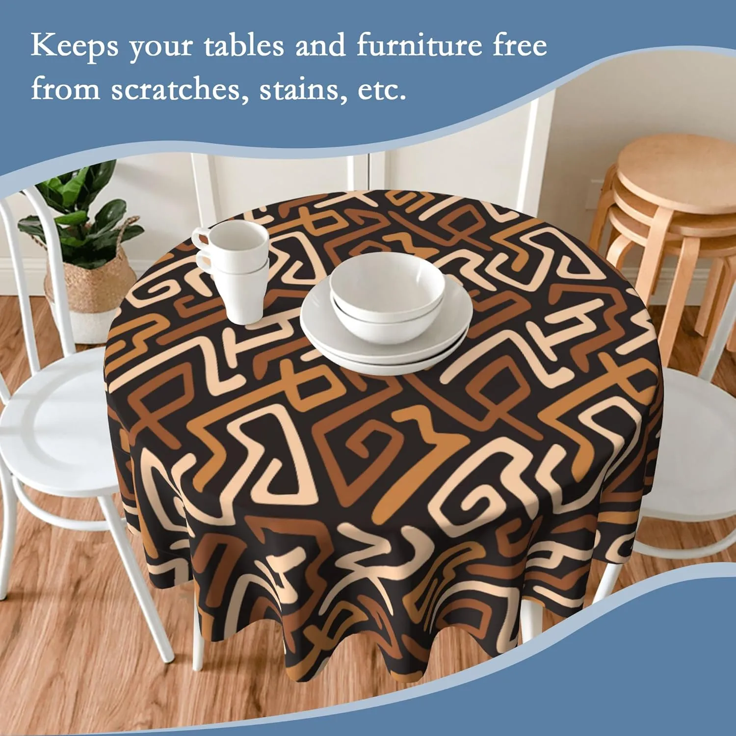 African Ethnic Tablecloth 60x60 Inch Round,Waterproof Table Cloth Cover Decorative for Party and ​Camping Holiday Dinning Tabletop Home Décor