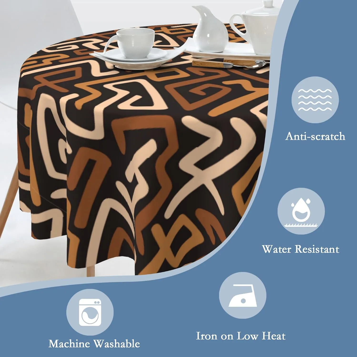 African Ethnic Tablecloth 60x60 Inch Round,Waterproof Table Cloth Cover Decorative for Party and ​Camping Holiday Dinning Tabletop Home Décor
