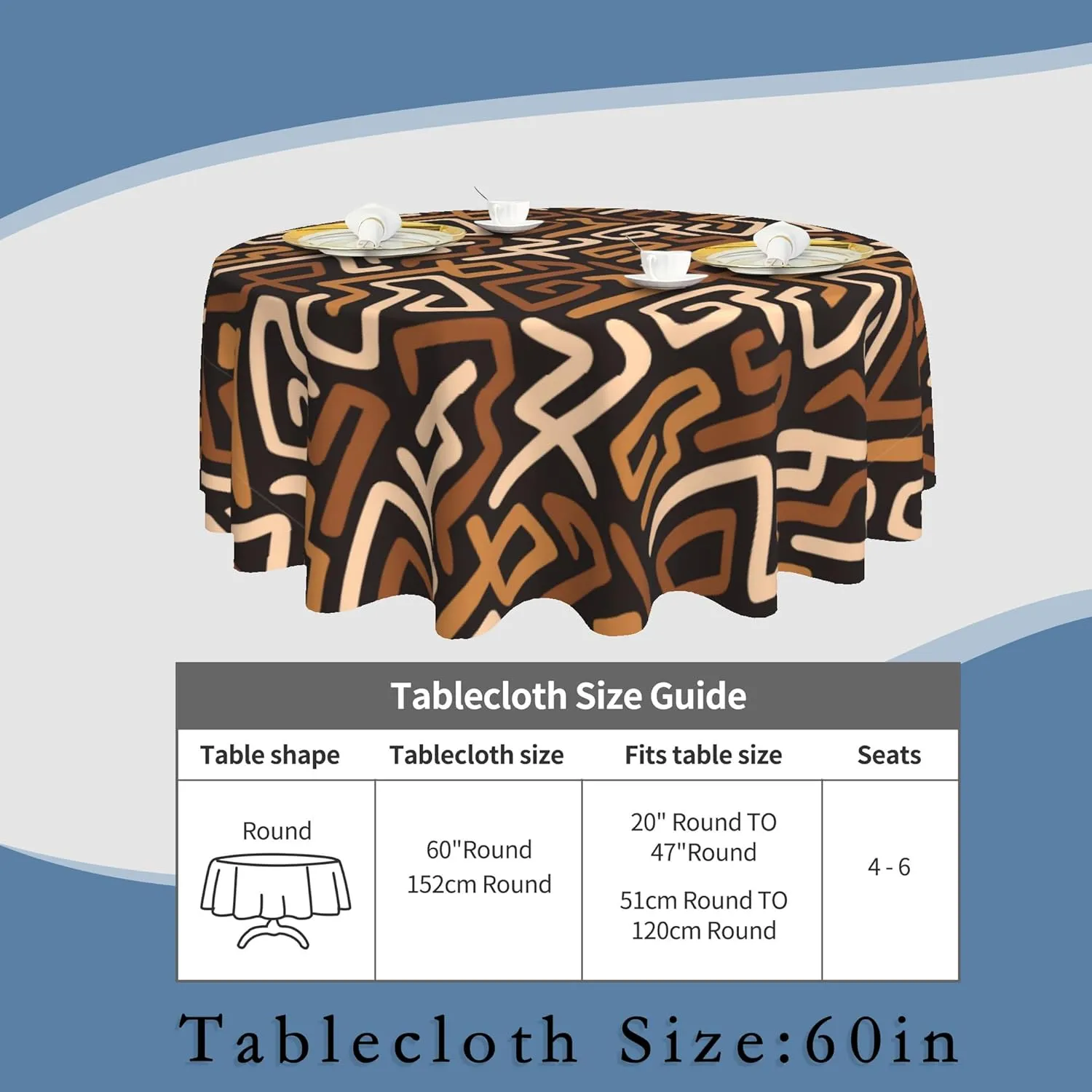 African Ethnic Tablecloth 60x60 Inch Round,Waterproof Table Cloth Cover Decorative for Party and ​Camping Holiday Dinning Tabletop Home Décor