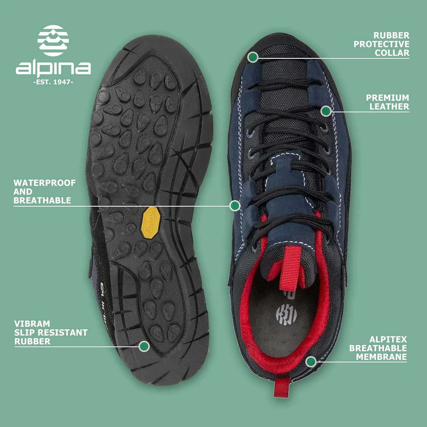 Alpina Royal Men's Shoes | Hiking Waterproof | Urban Walking Working | Breathable | Vibram Slip Resistant Sole