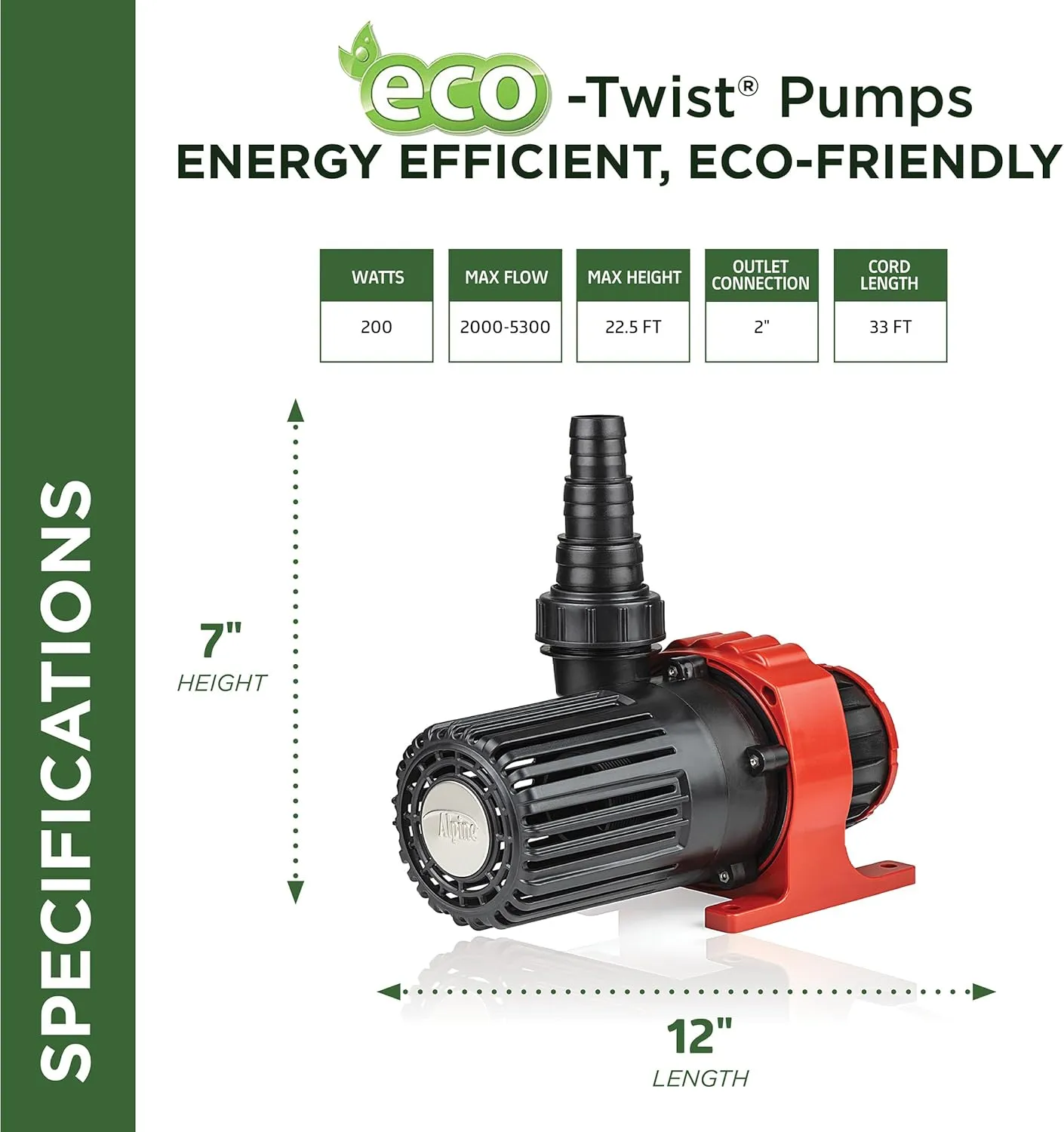 Alpine Corporation Eco-Twist Energy-Saving 5300GPH Pond Pump with Controller and 33-ft. Cord