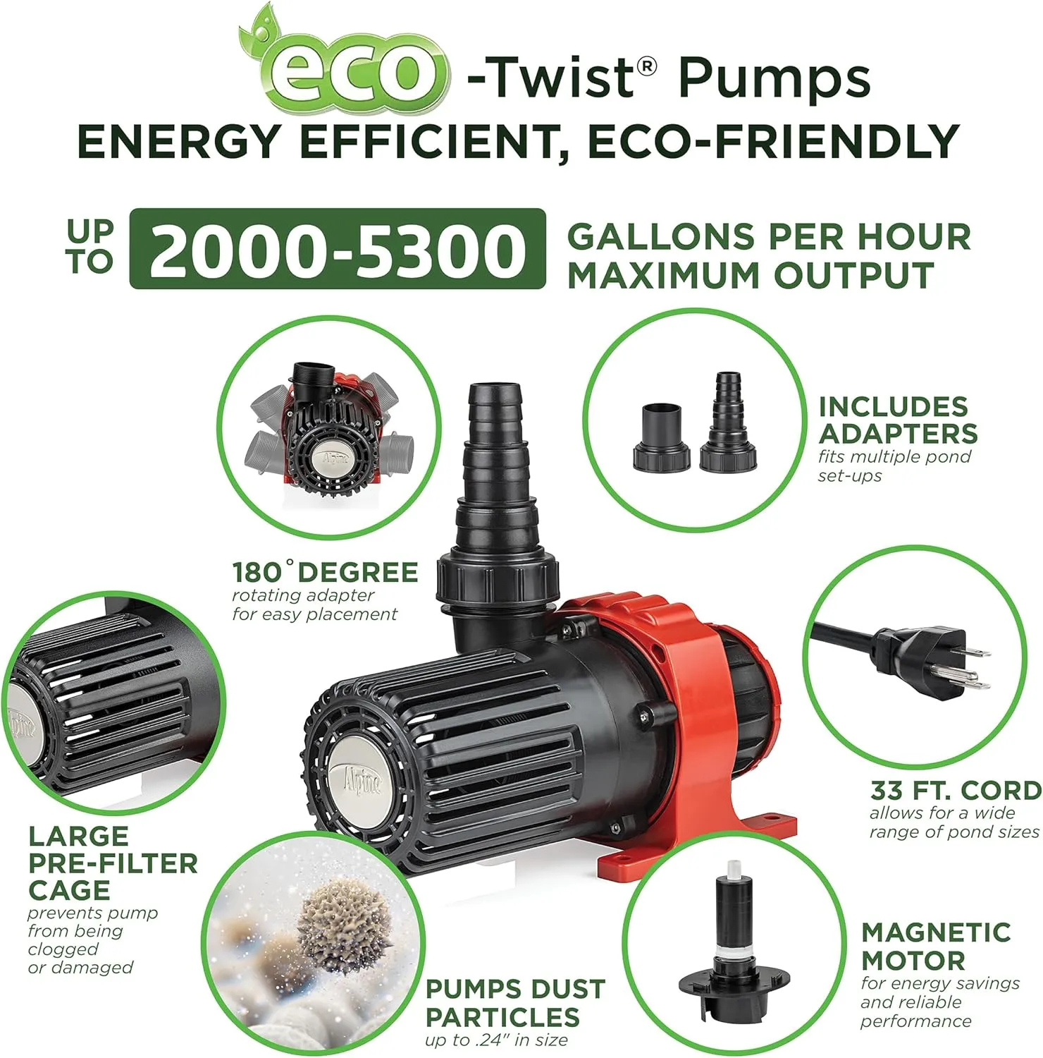 Alpine Corporation Eco-Twist Energy-Saving 5300GPH Pond Pump with Controller and 33-ft. Cord