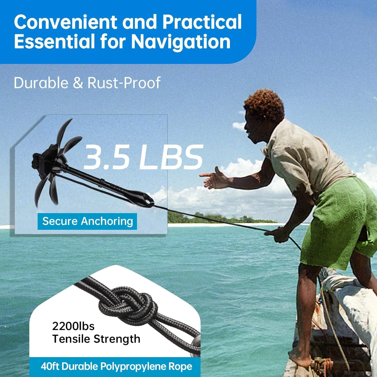 Alpinista Kayak Anchor,3.5 lb Portable Folding Boat Anchor Kit with 40 ft Marine Rope for Kayak, Canoes, Fishing, and Paddle Board Accessories