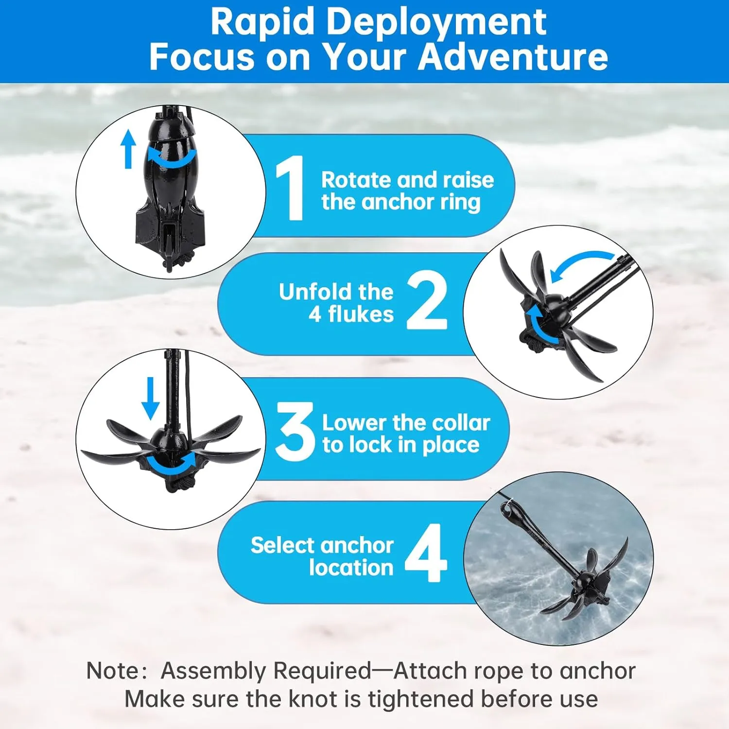Alpinista Kayak Anchor,3.5 lb Portable Folding Boat Anchor Kit with 40 ft Marine Rope for Kayak, Canoes, Fishing, and Paddle Board Accessories