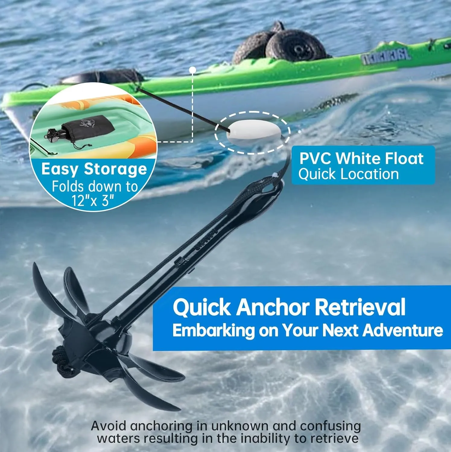 Alpinista Kayak Anchor,3.5 lb Portable Folding Boat Anchor Kit with 40 ft Marine Rope for Kayak, Canoes, Fishing, and Paddle Board Accessories