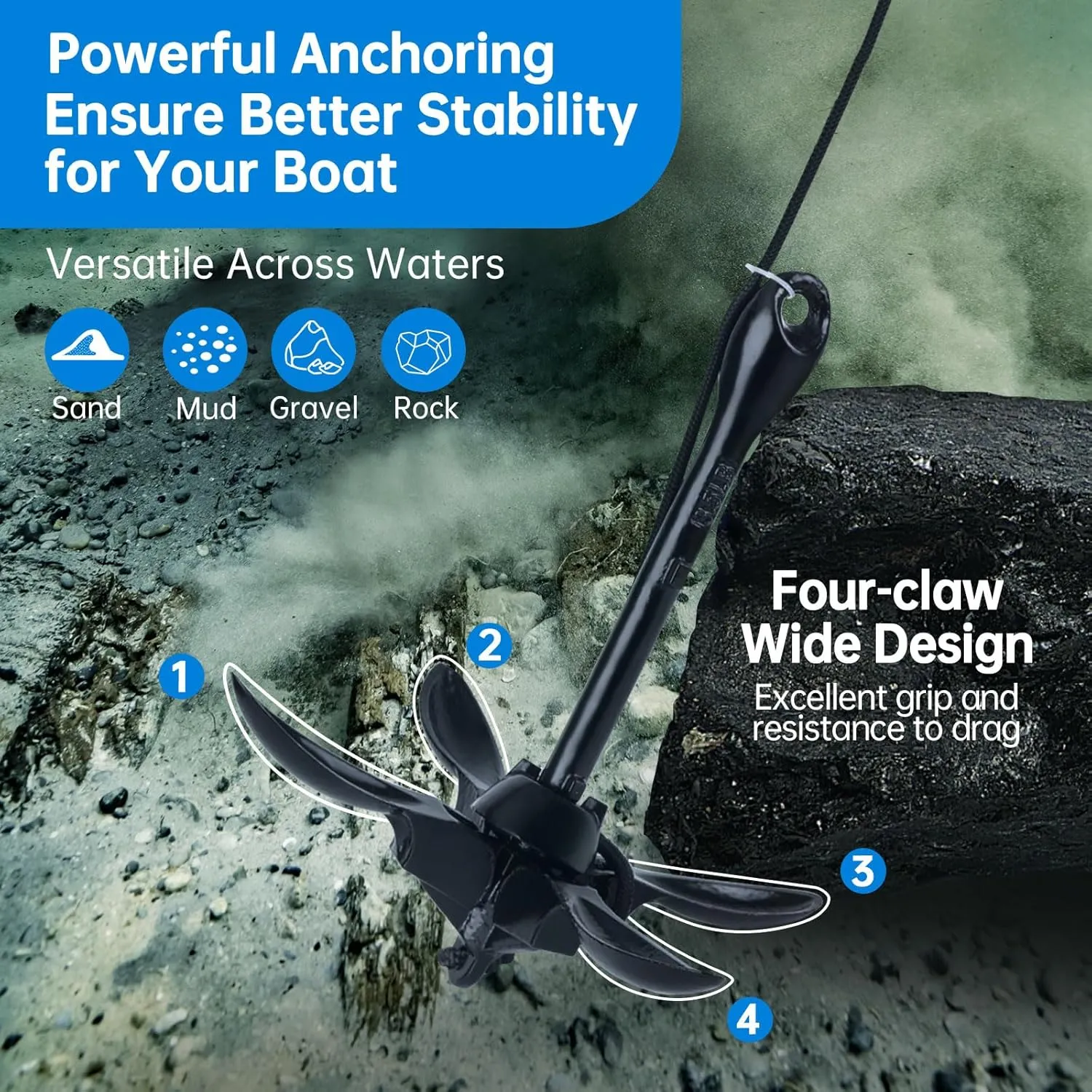 Alpinista Kayak Anchor,3.5 lb Portable Folding Boat Anchor Kit with 40 ft Marine Rope for Kayak, Canoes, Fishing, and Paddle Board Accessories
