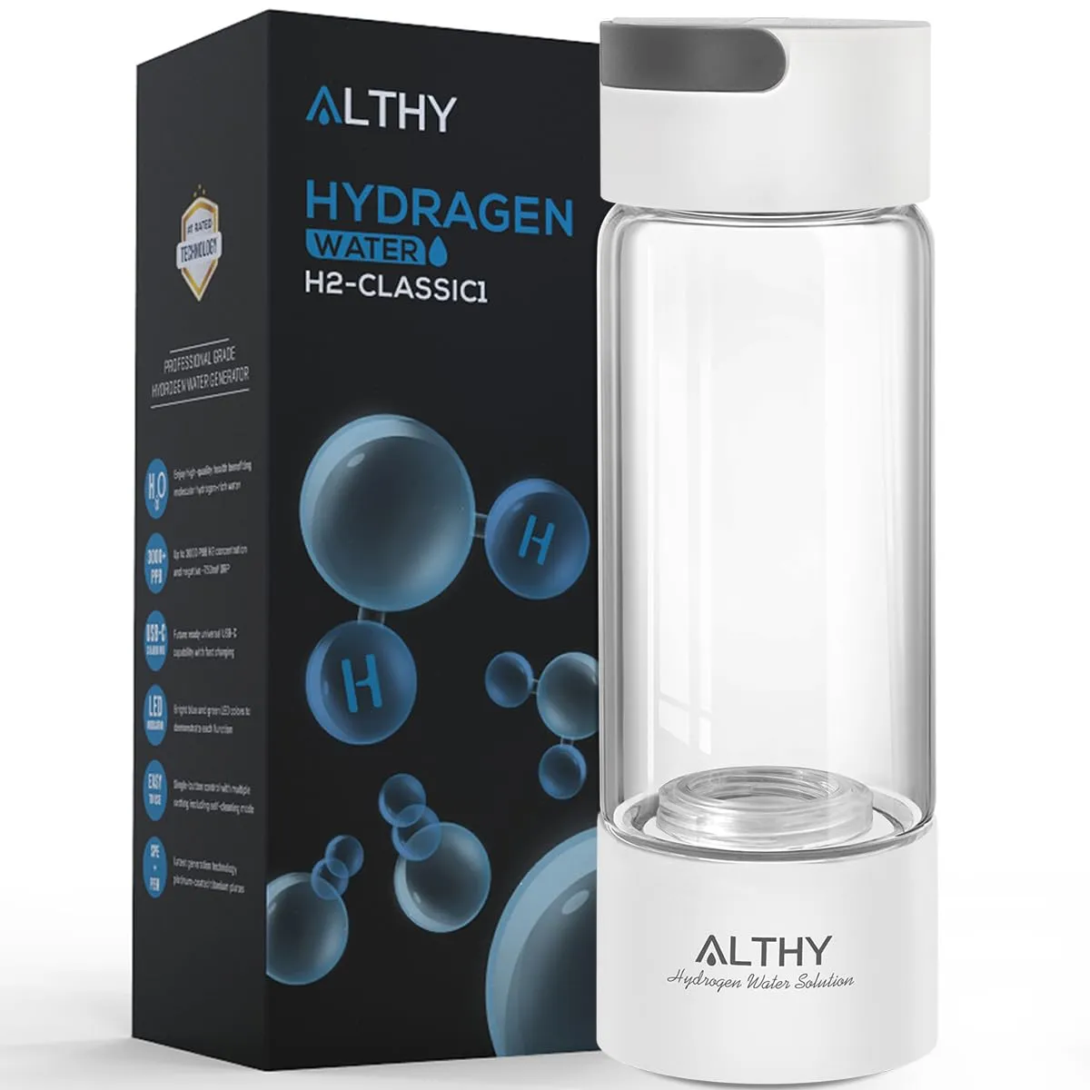 ALTHY Molecular Hydrogen Water Generator Hydrogen Water Bottle,Glass Flask, SPE PEM Technology Ionizer with Inhaler Adapter