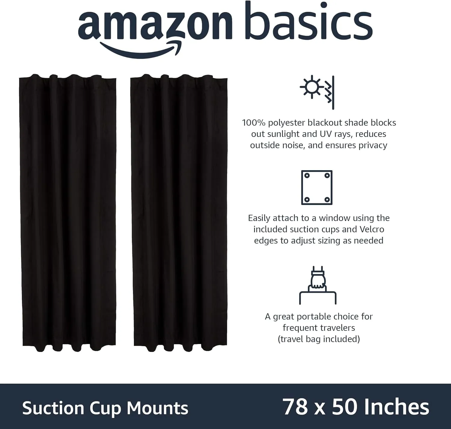 Amazon Basics Portable Blackout Curtain Shade with Suction Cups, 50" x 78", 2-Pack, Black