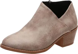 AMDBEL Ankle Boots for Women Low Heel Short Boots Leather Point Toe Zip Up Comfortable Western Boots Fall Winter Shoes