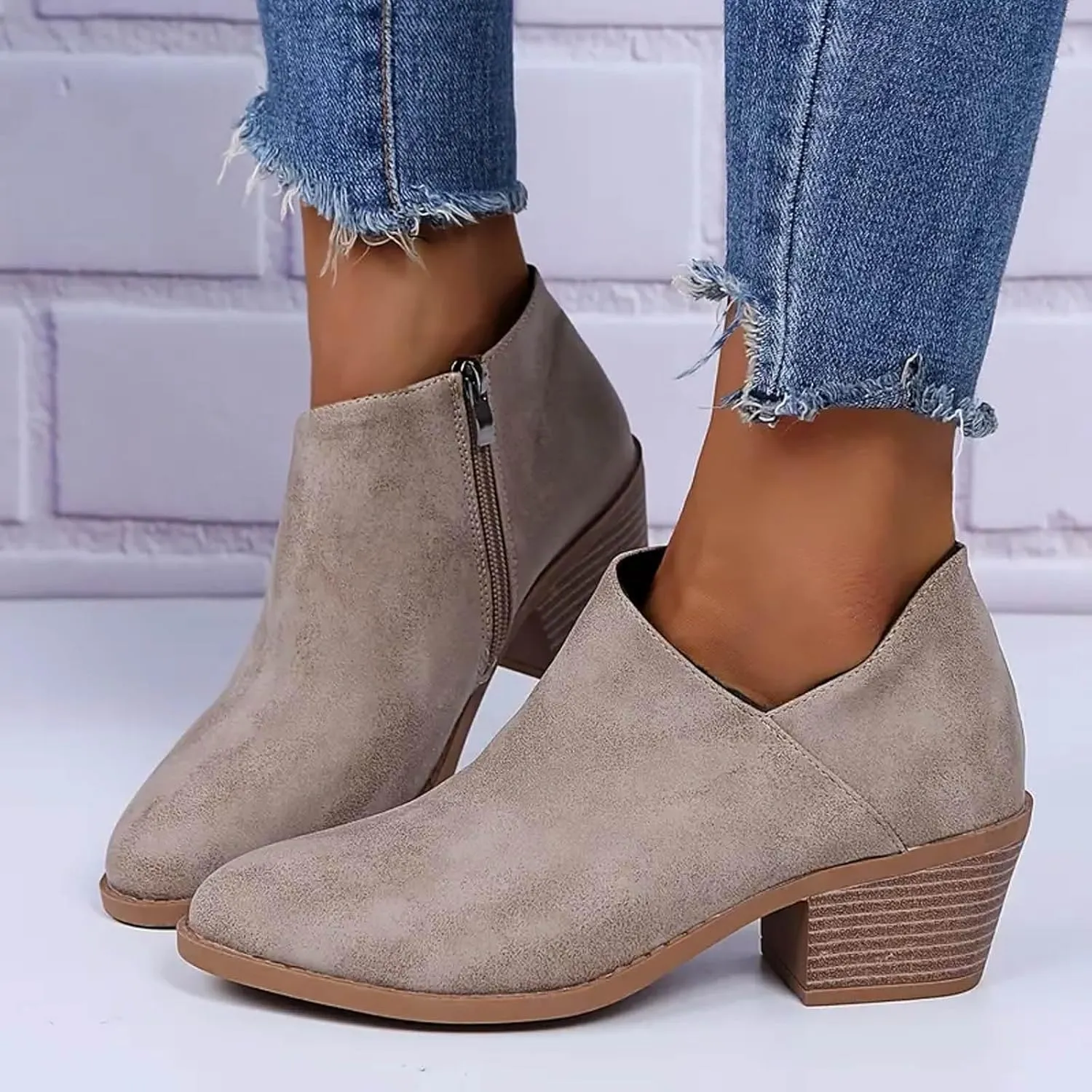 AMDBEL Ankle Boots for Women Low Heel Short Boots Leather Point Toe Zip Up Comfortable Western Boots Fall Winter Shoes